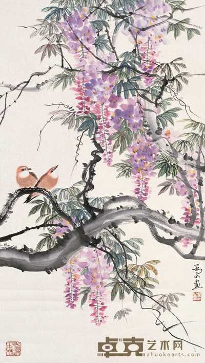 乔木 紫藤双鸟 立轴 83×47cm